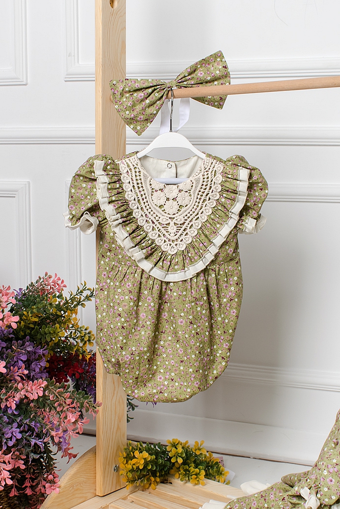BABY BAHAR - Green Flower Baby Girl Overalls With Hair Accessory