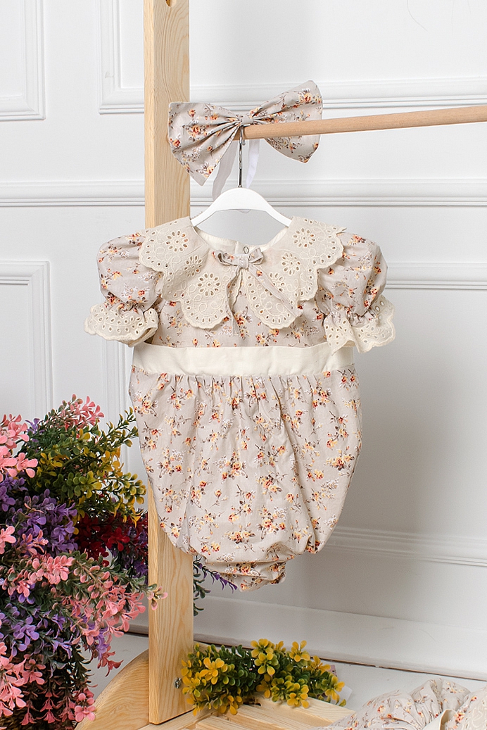 BABY ELIF - Beige Flower Baby Girl Overalls With Hair Accessory