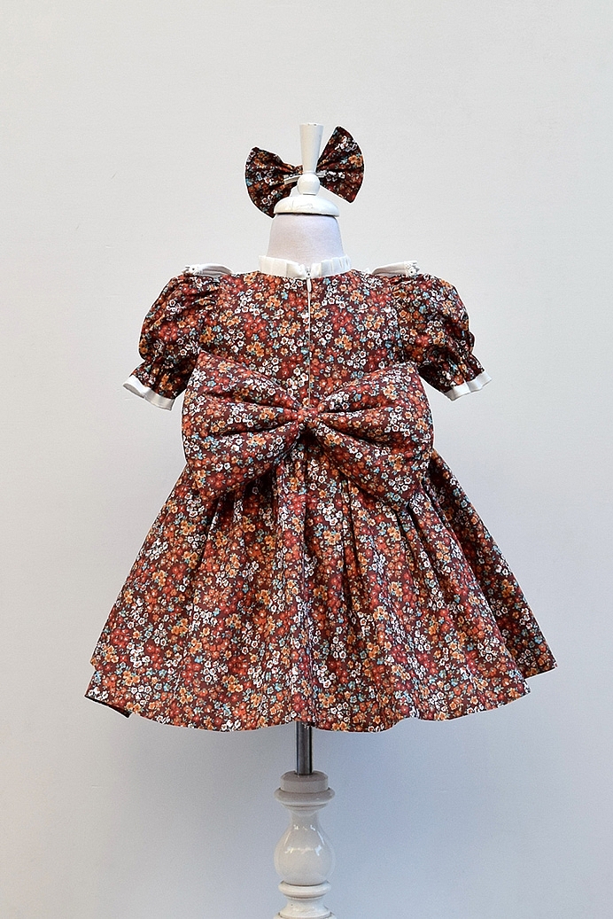 BADESU-Brown Floral Pattern Baby Girl Dress with Button Detail & Hair Clip