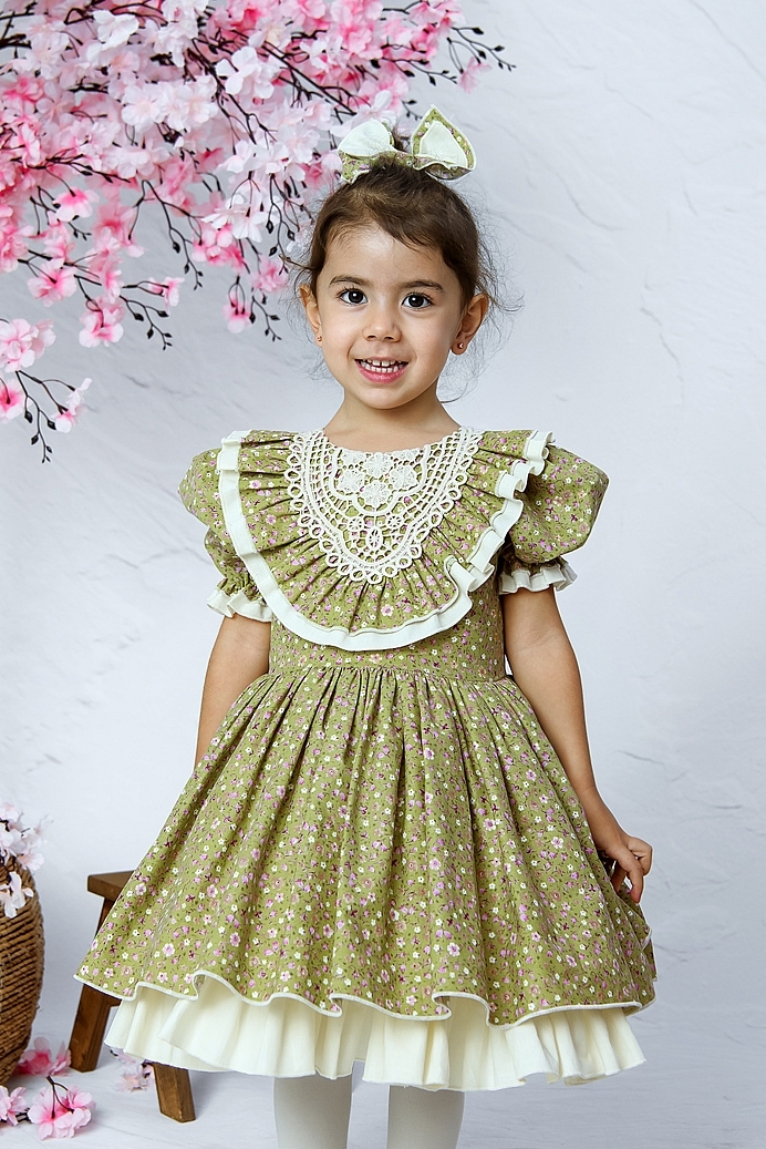 BAHAR - Green Flower Baby Girl Dress With Hair Accessory