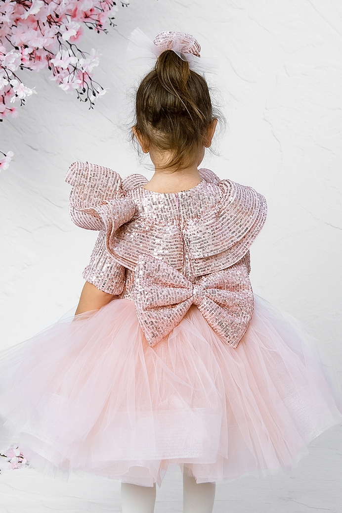 DENIZ - Powder Sequin Exlusive Baby Girl Dress With Hair Accessory