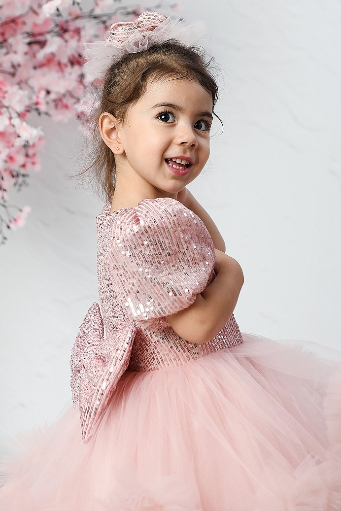DERYA - Powder Sequin Exlusive Baby Girl Dress With Hair Accessory