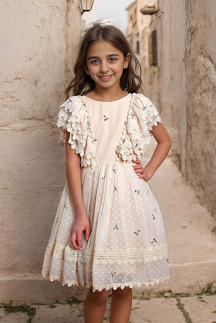 DOĞA - Cream Girl Dress with Mini Green Floral Embroidery, Lace Detail & Hair Clip