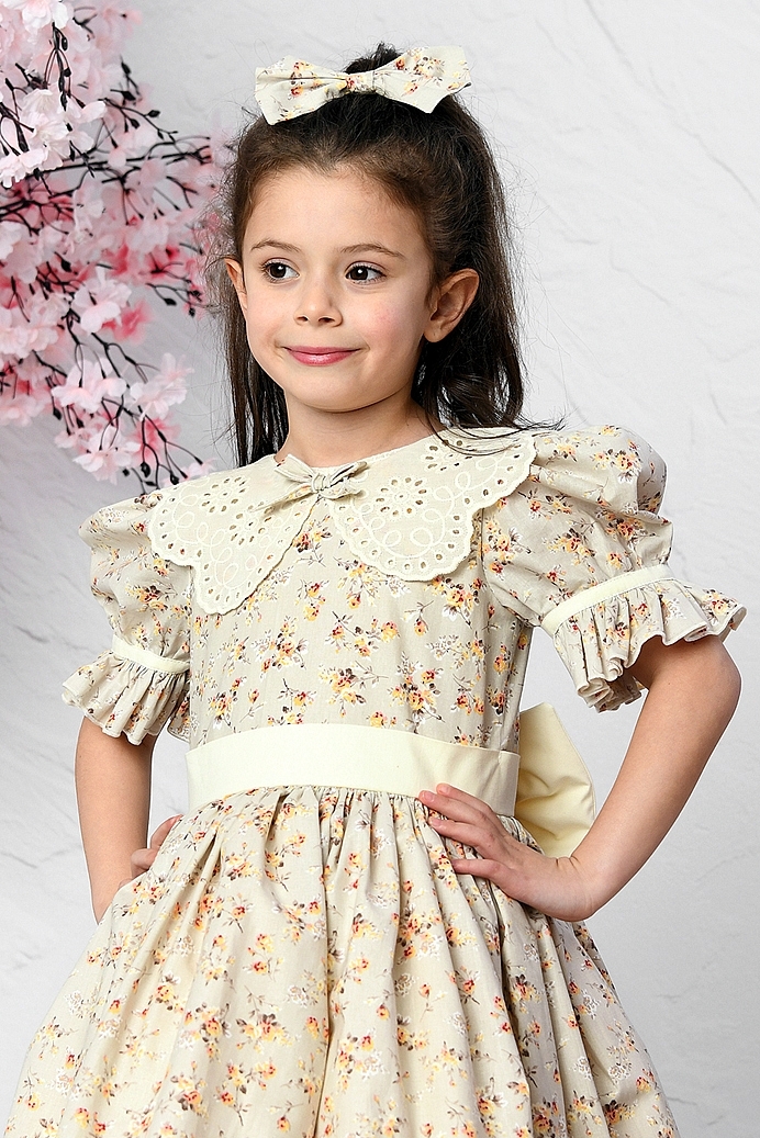 ELIF - Beige Flower Baby Girl Dress With Hair Accessory