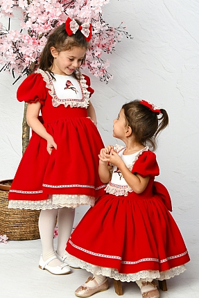 JBK ELIS - Bird Embroideredin Exlusive Red Baby Girl Dress With Hair Accessory satın al