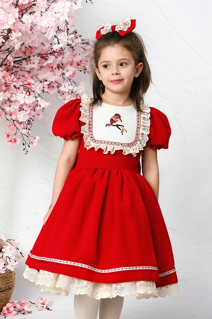 ELIS - Bird Embroideredin Exlusive Red Baby Girl Dress With Hair Accessory