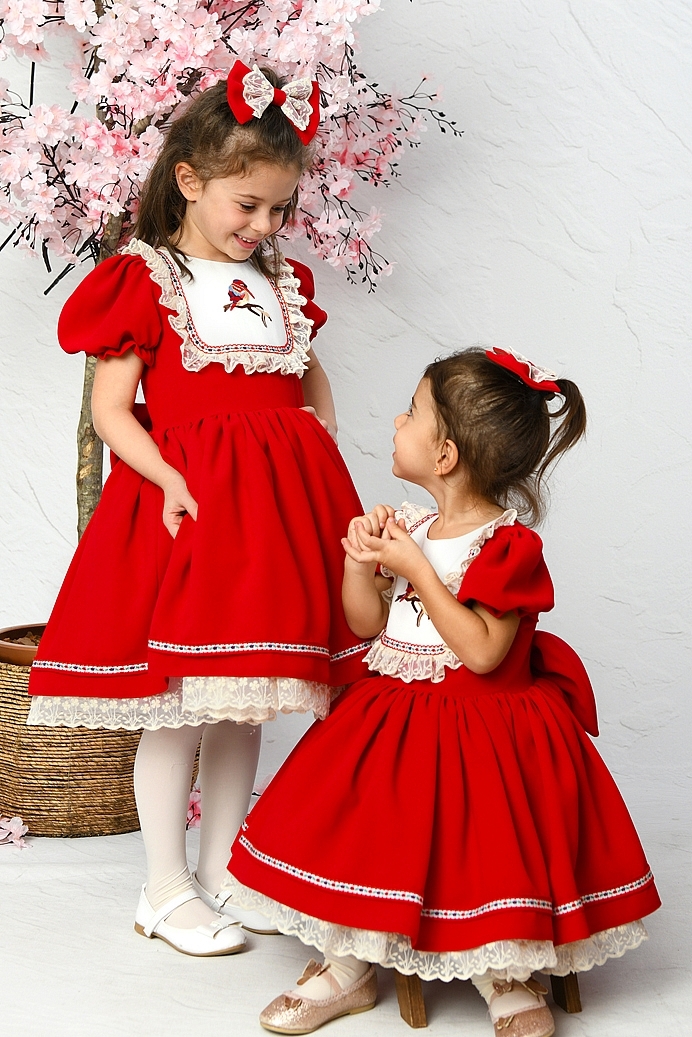 ELIS - Bird Embroideredin Exlusive Red Girl Dress With Hair Accessory