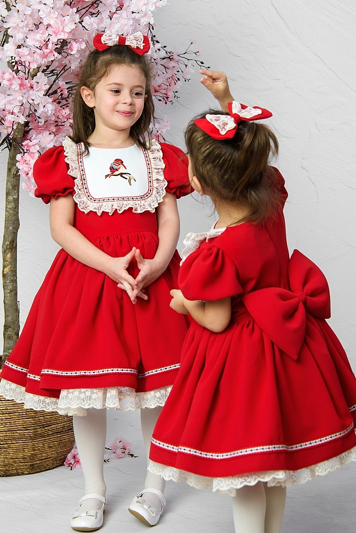 ELIS - Bird Embroideredin Exlusive Red Girl Dress With Hair Accessory