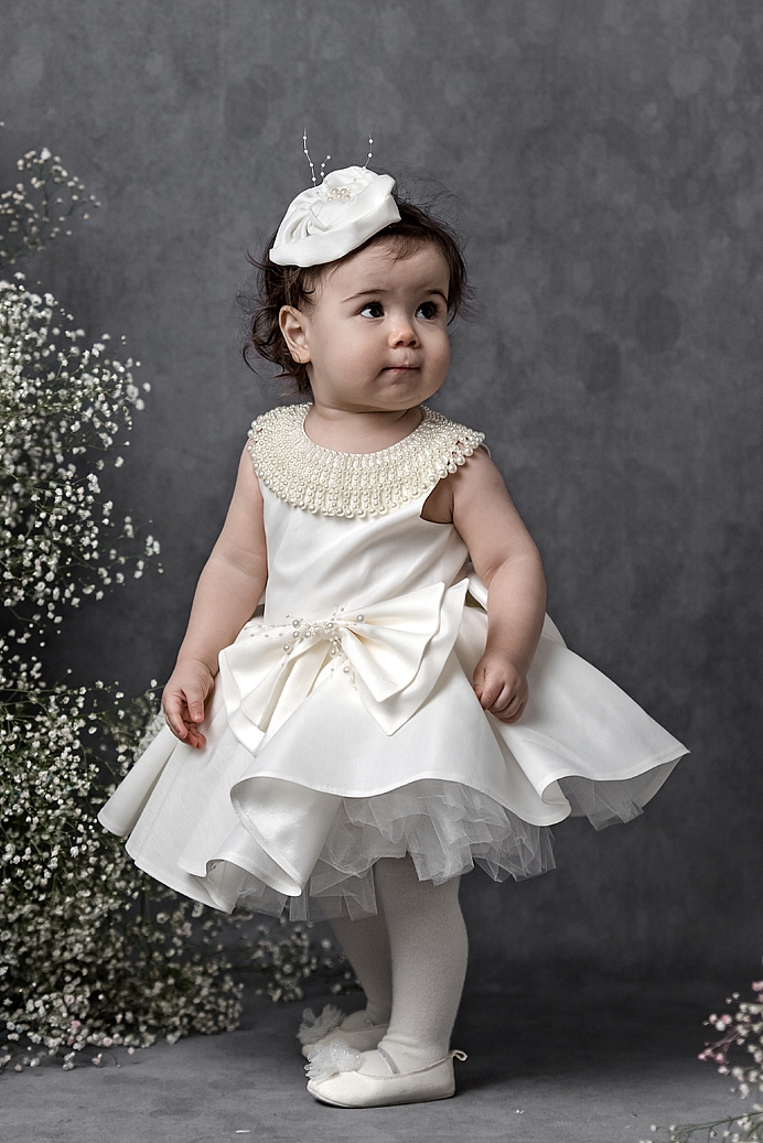 GULER- Baby Girl Pearl Collar Exlusive Dress With Hair Accessory
