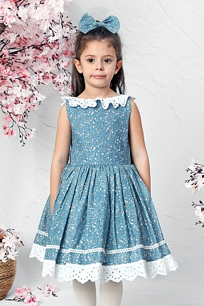 JBK HILAL - Blue Flower Baby Girl Dress With Hair Accessory
