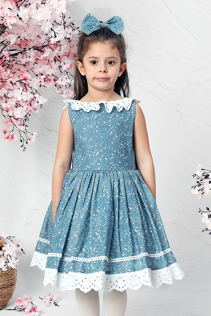 HILAL - Blue Flower Girl Dress With Hair Accessory