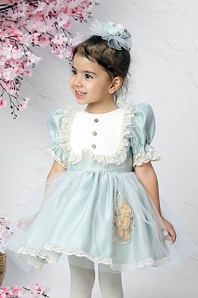 JBK IPEK - Teddy Bear Green Baby Girl Dress With Hair Accessory