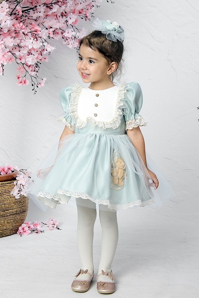 IPEK - Teddy Bear Green Baby Girl Dress With Hair Accessory