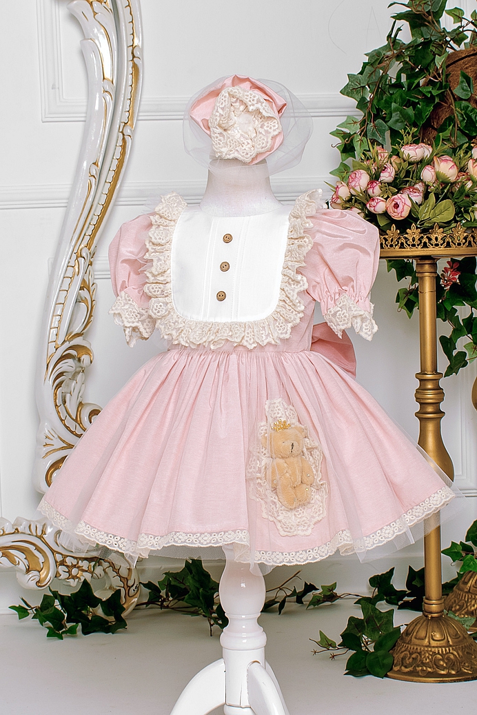 IPEK - Teddy Bear Pink Girl Dress With Hair Accessory