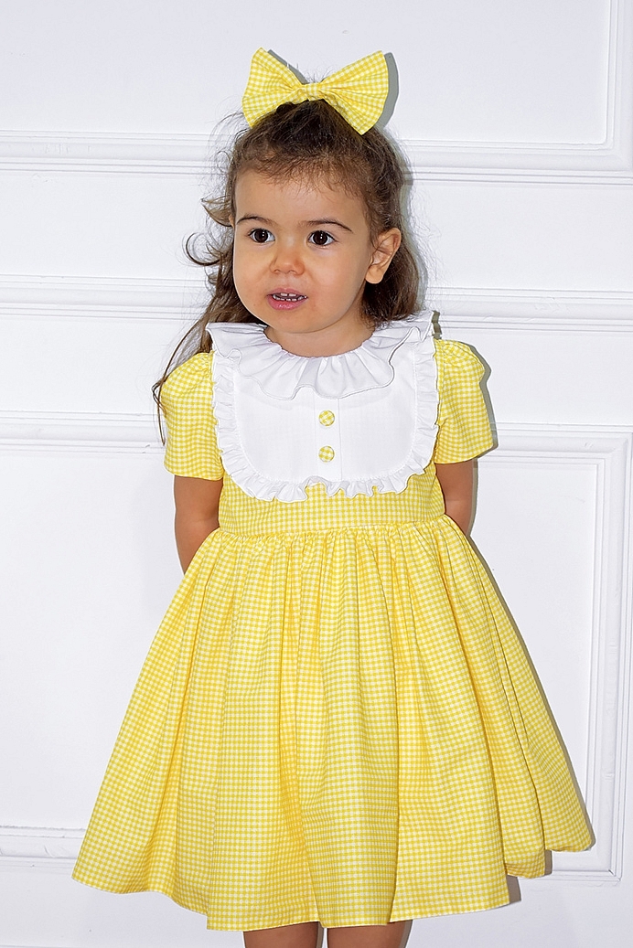 LIA-Yellow Gingham Baby Girl Dress with Button Detail, White Collar & Hair Clip