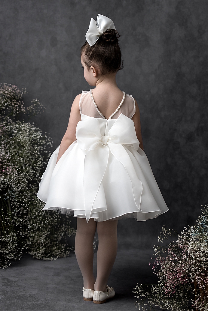 LIDYA - Baby Girl Pearl Collar Soft WhiteExlusive Dress With Hair Accessory