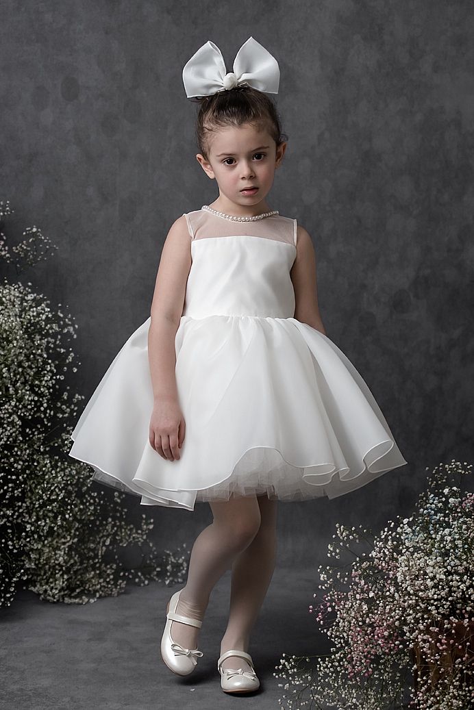 LIDYA - Girl Pearl Collar Soft White Exlusive Dress With Hair Accessory