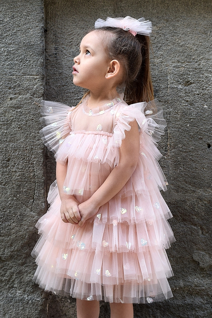 MASAL - Powder Pink Tutu Girl Dress with Mini Sequin Heart Embroidery & Hair Clip