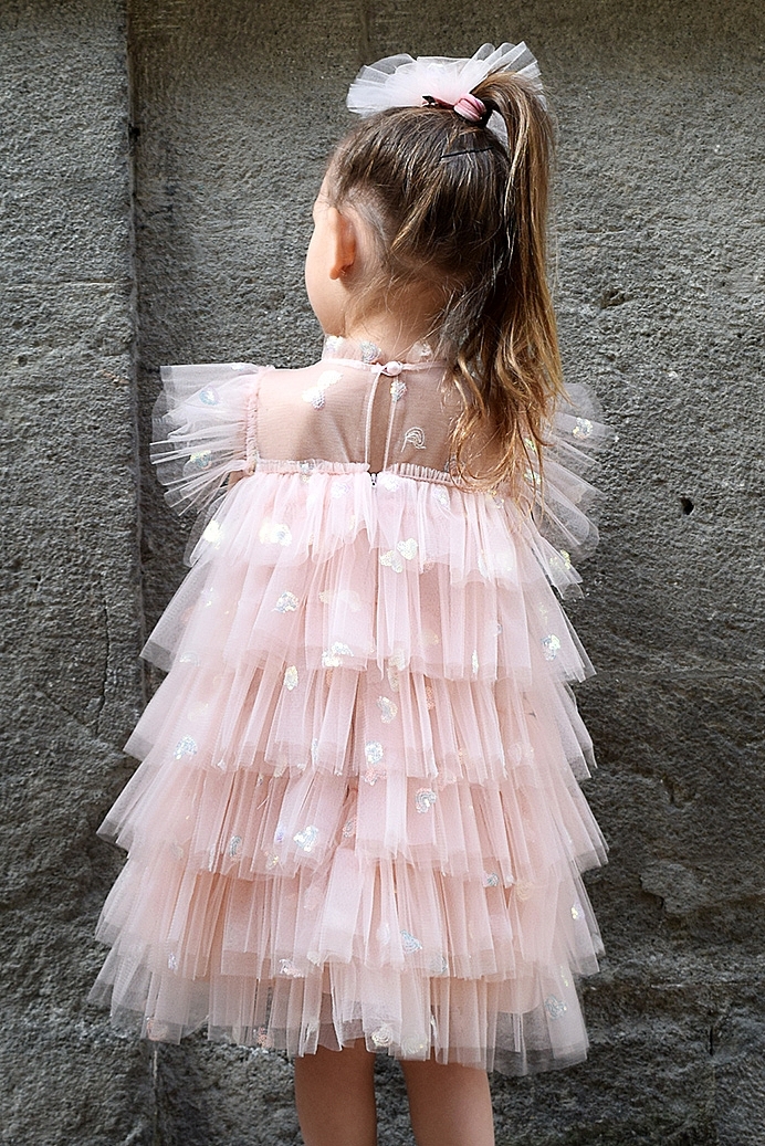 MASAL - Powder Pink Tutu Girl Dress with Mini Sequin Heart Embroidery & Hair Clip