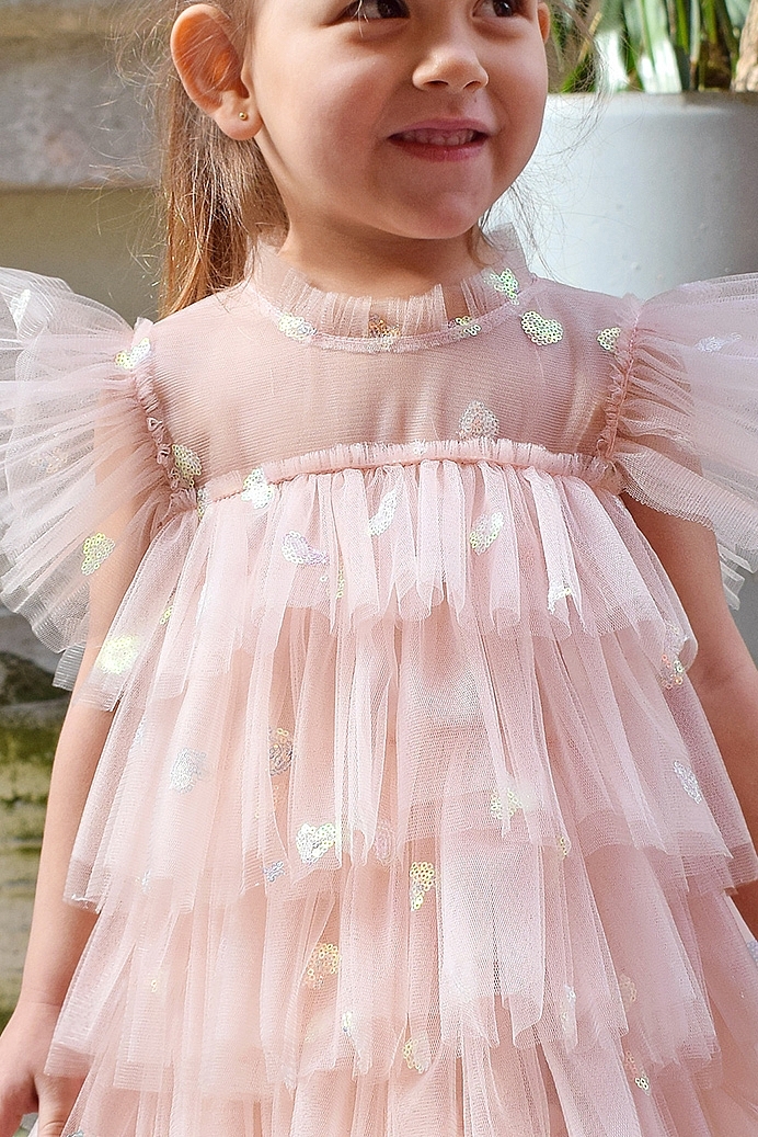 MASAL - Powder Pink Tutu Girl Dress with Mini Sequin Heart Embroidery & Hair Clip