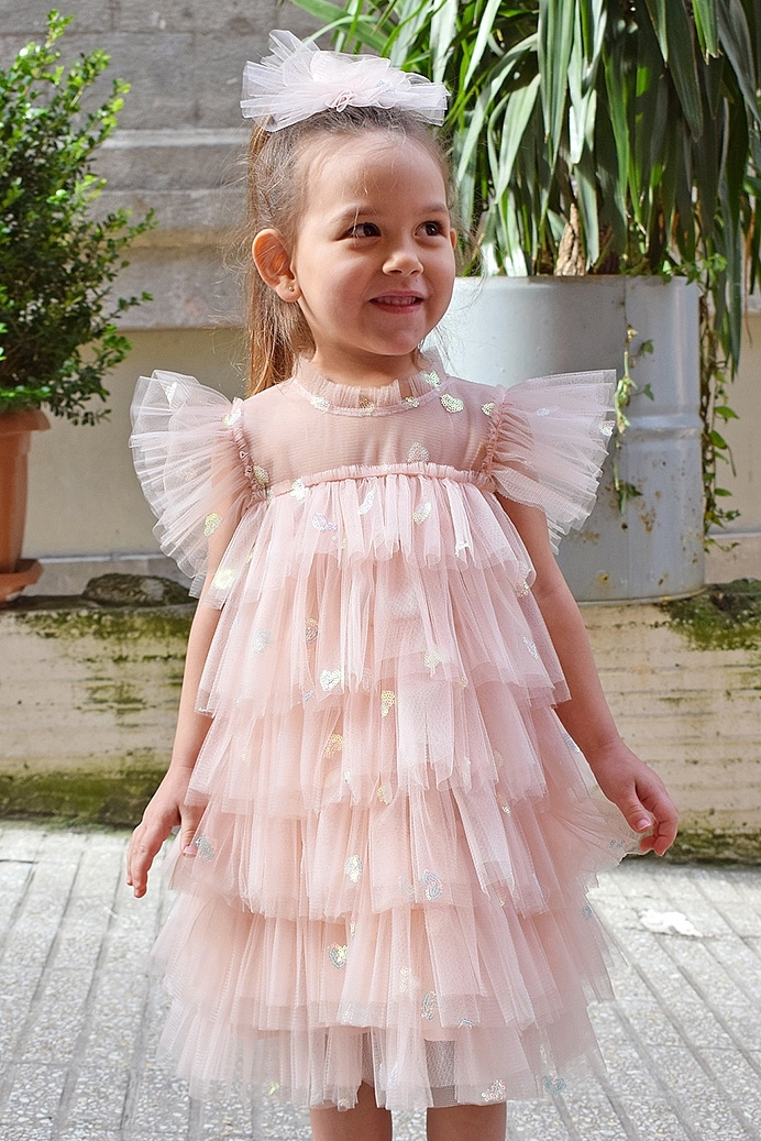 MASAL - Powder Pink Tutu Girl Dress with Mini Sequin Heart Embroidery & Hair Clip