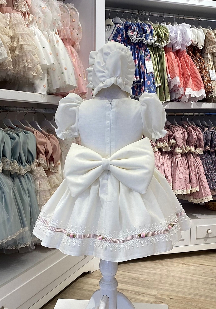 SUDE - Mini Pink Flower White Baby Girl Dress With Baby Hat