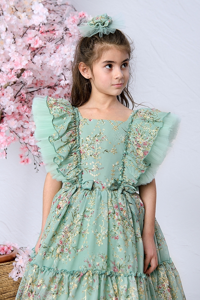 MINA - Green Flowers Exlusive Baby Girl Dress With Hair Accessory