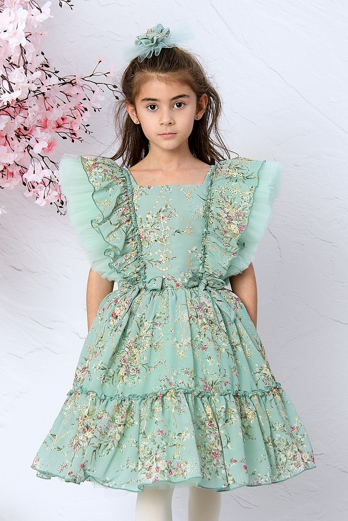 MINA - Green Flowers Exlusive Baby Girl Dress With Hair Accessory