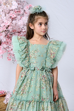 JBK MINA - Green Flowers Exlusive Girl Dress With Hair Accessory