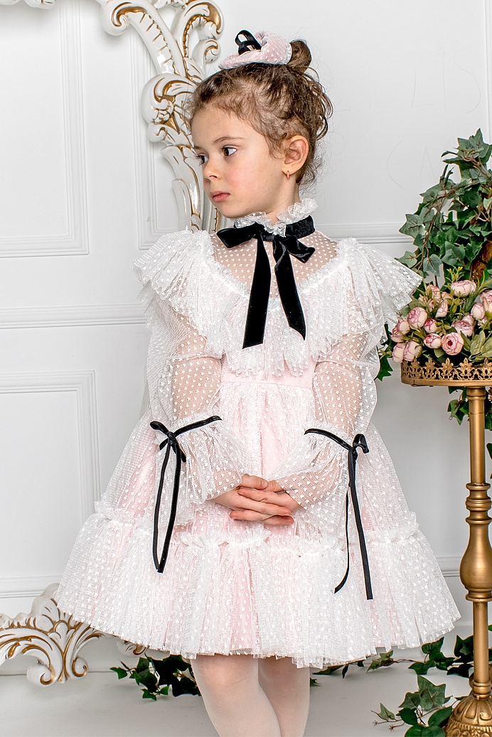 NAFISA - Baby Girl White Polka Dot Vintage Exlusive Dress With Hair Accessory