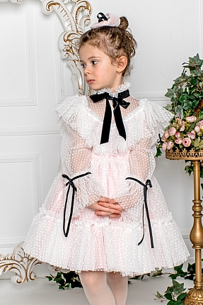 JBK NAFISA - Baby Girl White Polka Dot Vintage Exlusive Dress With Hair Accessory