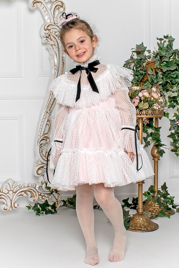 NAFISA - Girl White Polka Dot Vintage Exlusive Dress With Hair Accessory