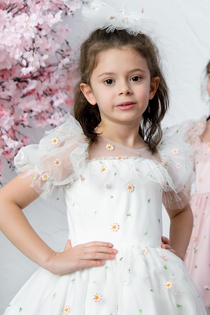 Papatya - White Daisy Girl Dress With Hair Accessory