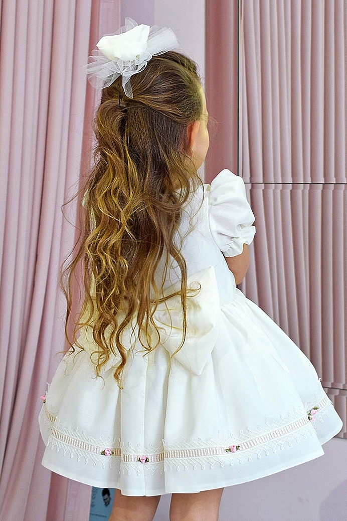 SUDE - Mini Pink Flower White Baby Girl Dress With Hair Accessorie