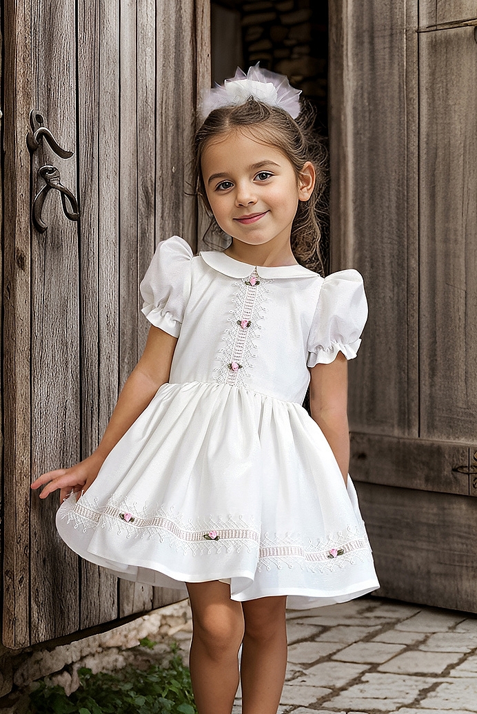 SUDE - Mini Pink Flower White Baby Girl Dress With Baby Hat