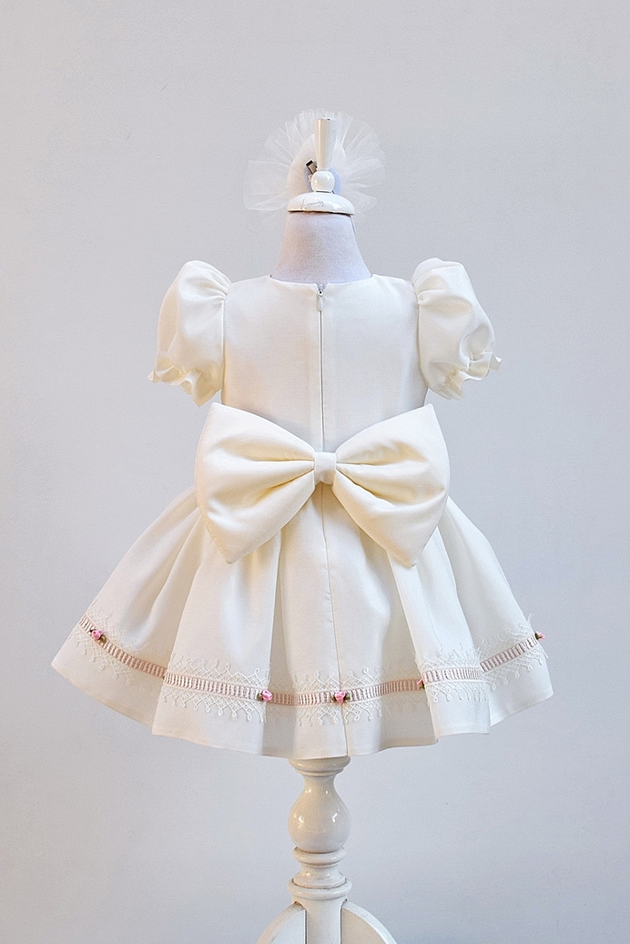 SUDE - Mini Pink Flower White Baby Girl Dress With Baby Hat